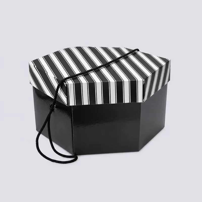 Black and White Stripe Lid and Black Base Hat Boxes | Hat Boxes Black and White Stripe Lid and Black Base Hat Boxes — Hat Boxes wholesale from Packaging Panda