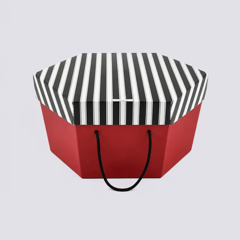 Black and White Stripe Lid and Red Base Hat Boxes | Hat Boxes Black and White Stripe Lid and Red Base Hat Boxes — Hat Boxes wholesale from Packaging Panda